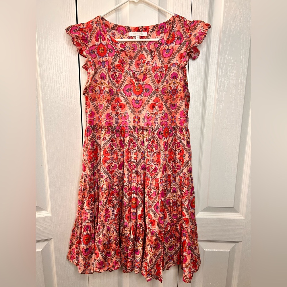 Olivaceous Women’s Medium Pink Floral Pattern Ruffle‎ Sleeve Tiered Laurel Dress